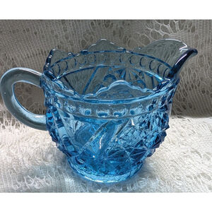 Antique Early Pressed Glass Creamer Daisy & Button with Crossbar Pattern Blue